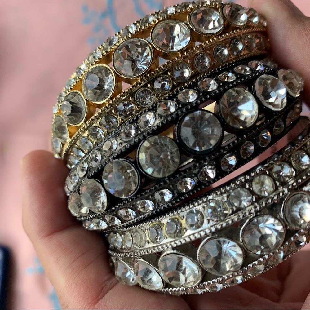 3 Rhinestone Statement Bangles Stacked Clear Crys… - image 2